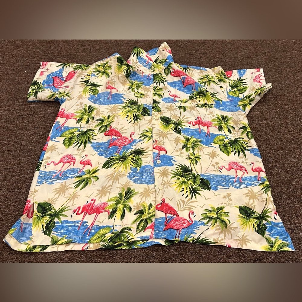 Rima Hawaiian Aloha Mens Shirt L Flamingos Palm Trees Ocean Tropical